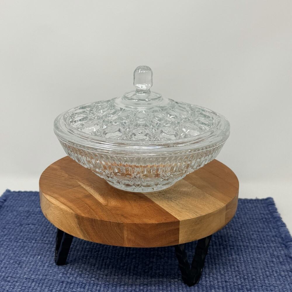 Vintage Cut Glass Candy Dish w Lid Clear Pressed Crystal Diamond Pattern